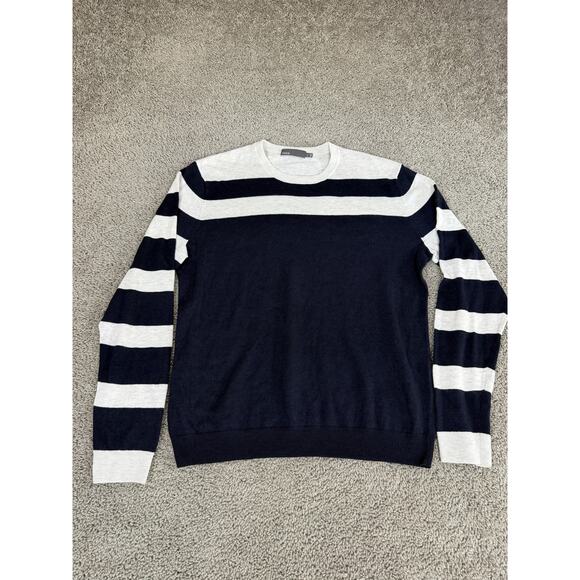 Vince Sweater Mens Large Navy Gray Linen Blend Crewneck Striped Knit Pullover